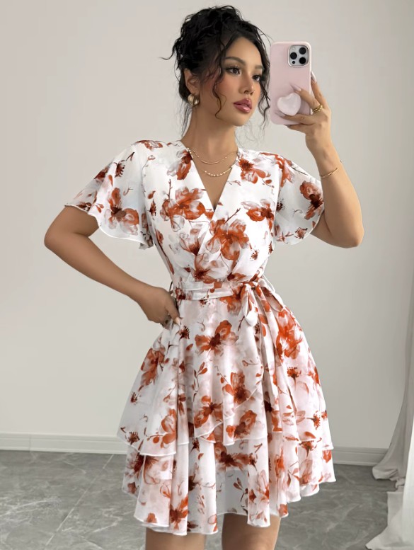 Kurzes Chiffon Sommerkleid Ganya Weiß Rot mit Blumenmuster