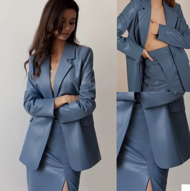 PU Leder Damen Kostüm Elegant in Hellblau mit Sexy Schlitz