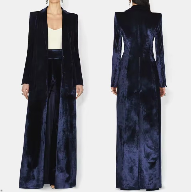 Samt Velvet Damenhosenanzug Gasira Festlich in Dunkelblau mit Langer Blazer