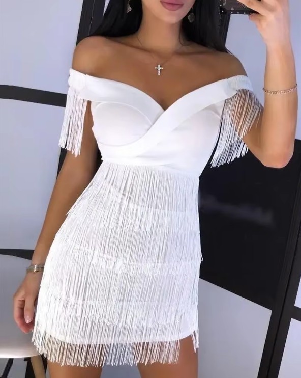 Schulterfreies Mini Kleid Isamara in Weiß Sexy mit Fransen