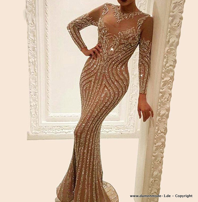 Langarm Glitzer Abendkleid in Gold Mit Pailletten Stickereien