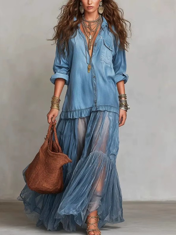 Elegantes Jeans Maxikleid mit Langarm, Gürtel & Mesh-Einsatz Blau