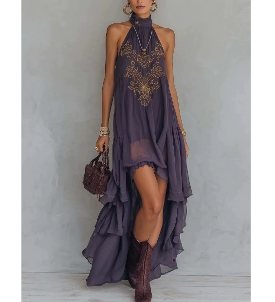 Elegantes Damen Sommer-Maxikleid in Lila – Ärmellos mit Rollkragen & Rüschen