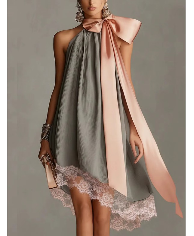 Rosa Satin Neckholder-Minikleid mit Schleife | Elegant Damen