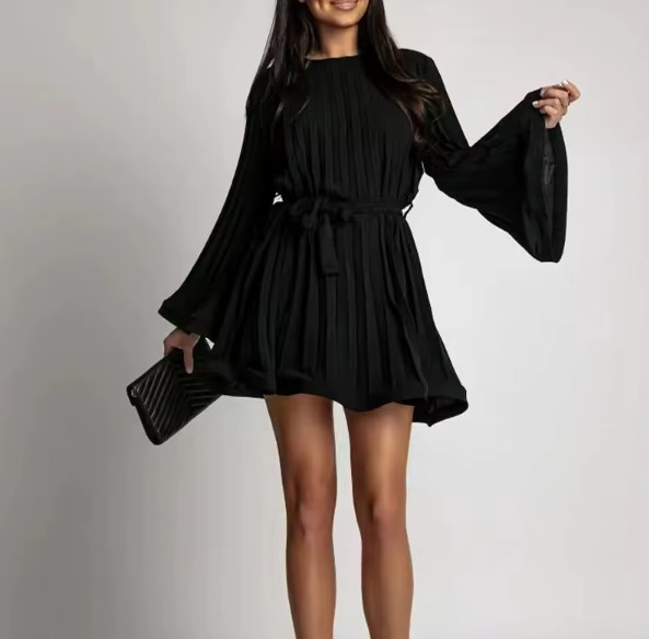 Elegantes Damen Plissee-Minikleid – Rundhals, Trompetenärmel & Bindegürtel Schwarz