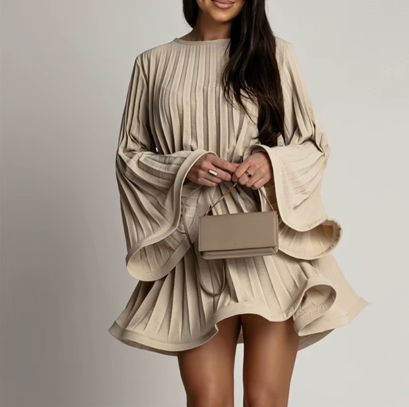 Elegantes Damen Plissee-Minikleid – Rundhals, Trompetenärmel & Bindegürtel Beige Creme