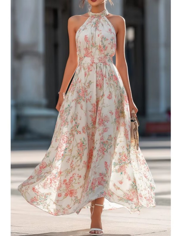 Damen Neckholder Maxikleid mit Blumenmuster – Plissiertes Chiffon Sommerkleid Elegant