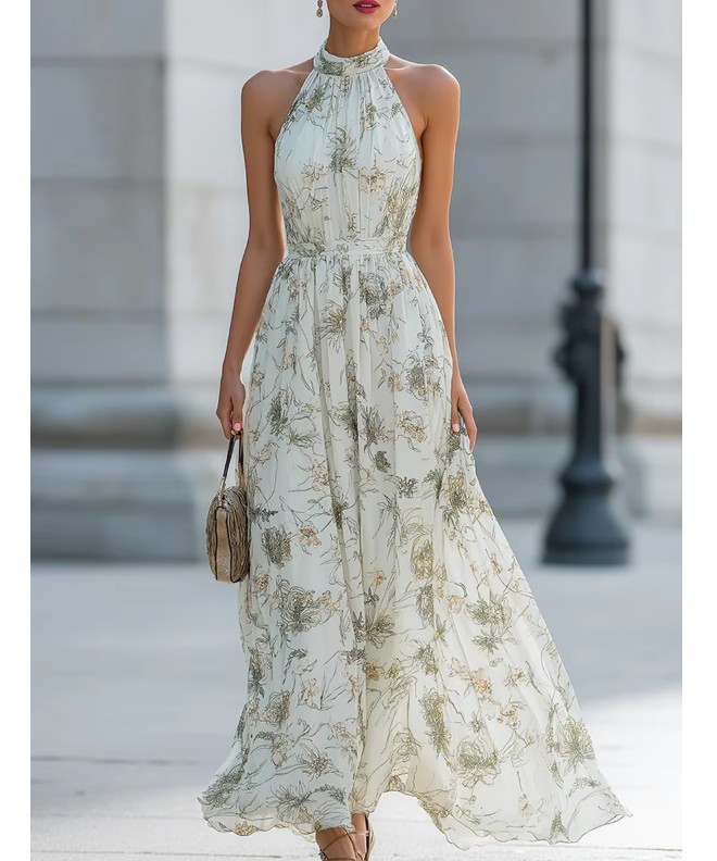 Damen Neckholder Maxikleid mit Blumenmuster – Plissiertes Chiffon Sommerkleid Elegant Hellgrün
