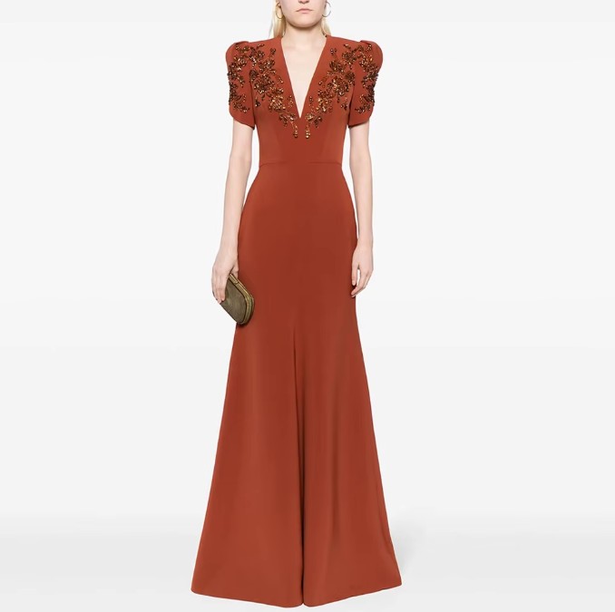 Einzigartiges oranges Meerjungfrau-Abendkleid mit V-Ausschnitt, Kristallperlen