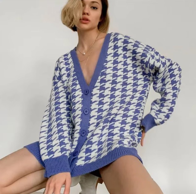 Blauer Vintage Houndstooth Cardigan für Damen mit V-Ausschnitt und Oversize-Schnitt