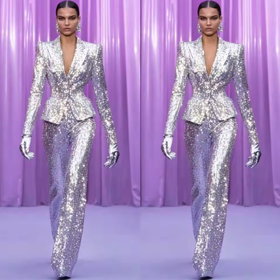 Eleganter silberner Glitzer-Hosenanzug für Damen mit schmaler Passform