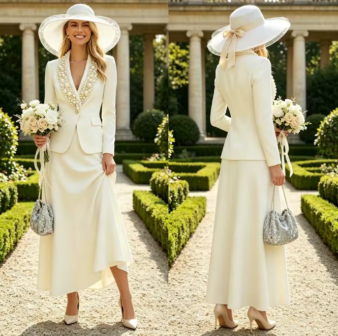 Elegantes weißes Damen-Kostüm mit großen Perlen, Blazer und Rock