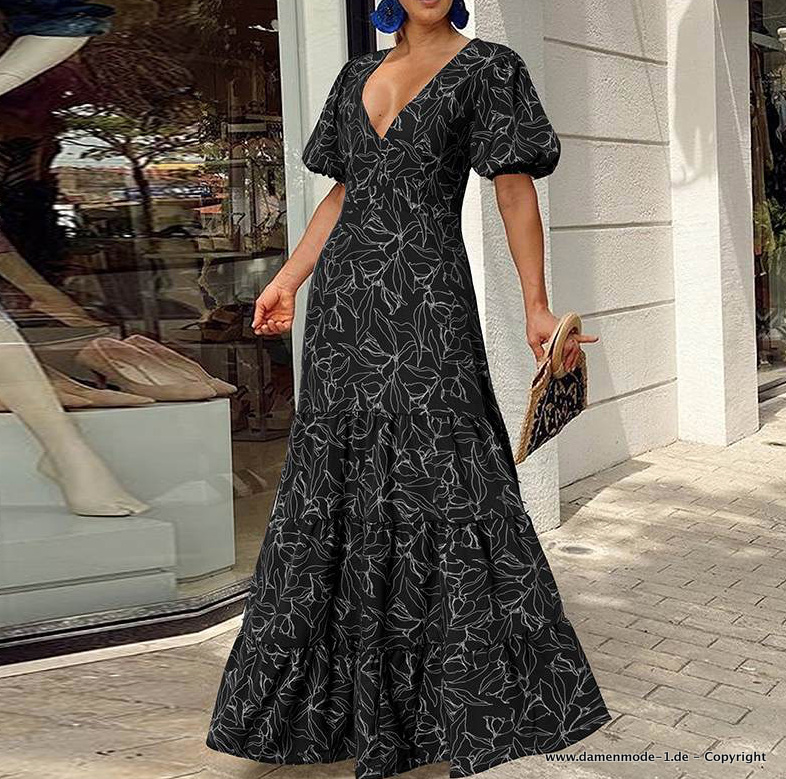 A Linie Print Kleid mit Puffärmel Elegant in Schwarz