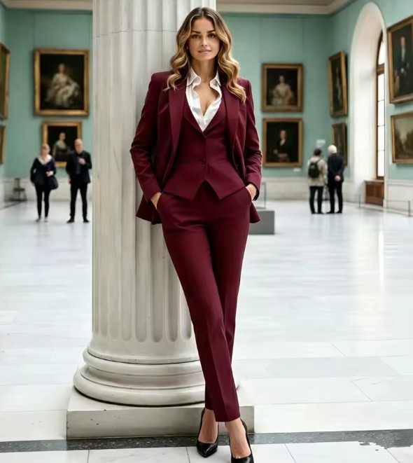 Weinroter Damen-Hosenanzug 3-teilig – Blazer, Weste & Hose für Hochzeit, Arbeit & besondere Anlässe
