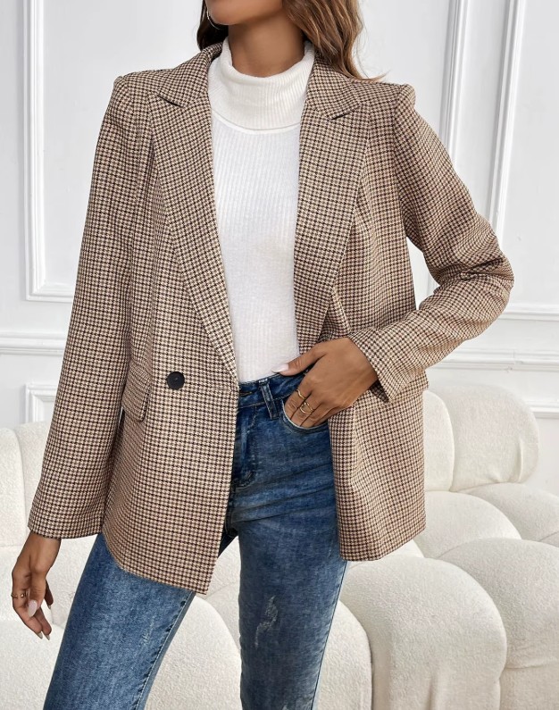 Patchwork Damen-Blazer mit Hahnentrittmuster – Langarm Retro Blazer mit Knopfdetails