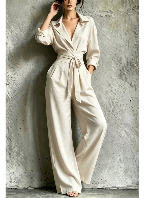 Cremefarbener Damen-Jumpsuit mit Reverskragen – Langarm Onepiece mit weitem Bein & Taschen