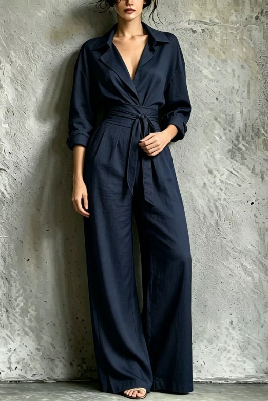 Dunkelblauer Damen-Jumpsuit mit Reverskragen – Langarm Onepiece mit weitem Bein & Taschen