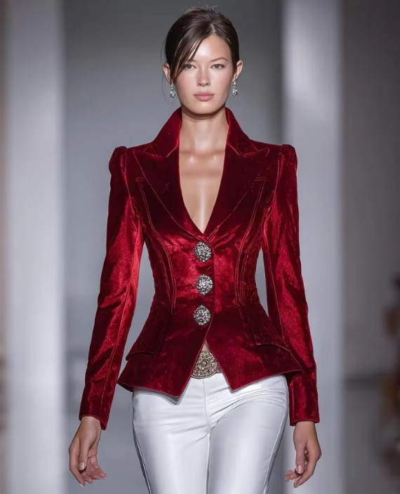 Roter Samtblazer für Damen mit Kristallknöpfen | Elegant & Festlich