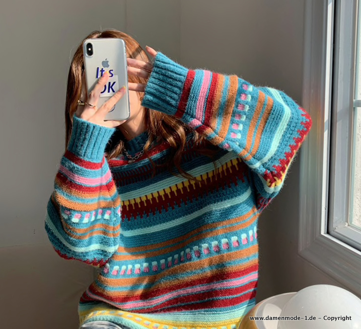 Vintage Style Strick Pullover Bunt Leger