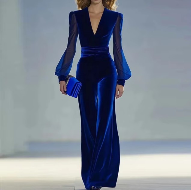 Eleganter Damen-Overall in Blau – Drapiert, Tailliert & mit V-Ausschnitt