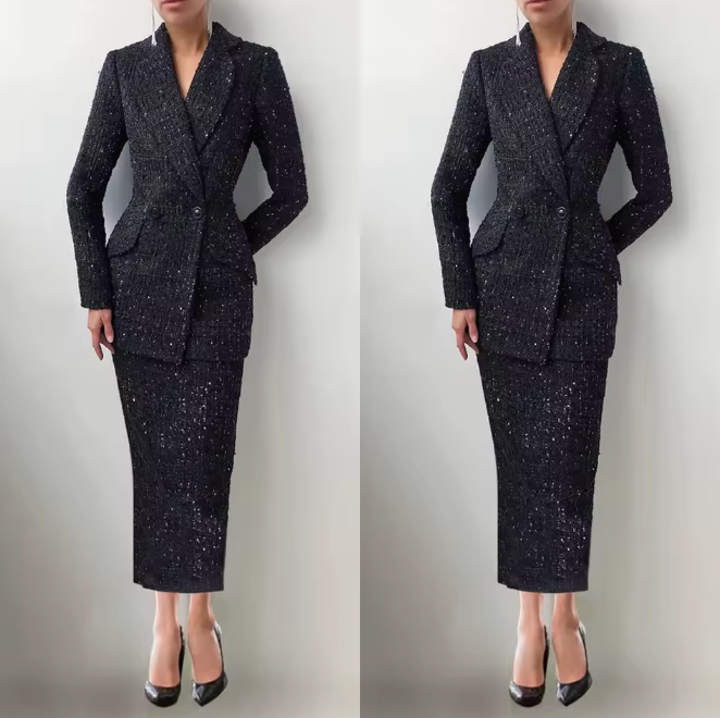 Eleganter Damen Tweed-Kostüm mit Blazer und Rock in Schwarz – Klassischer Business-Chic