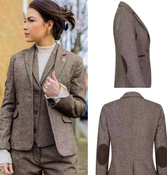 Dreiteiliger Damen Hosenanzug Braun – Tweed-Look mit Weste