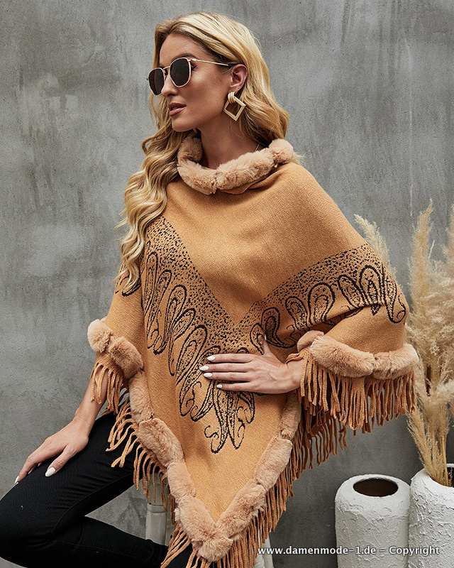 Damen Boho Style Poncho Strickjacke in Beige