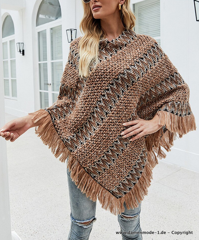 Damen Vintage Boho Style Poncho Strickjacke in Beige