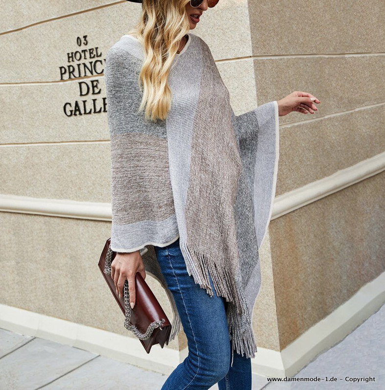 Damen Boho Style Poncho Strickjacke in Silber