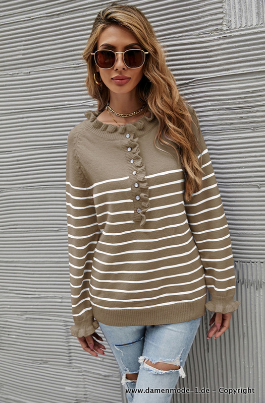 Herbst Winter Damen Strickpullover Gestreift in Khaki