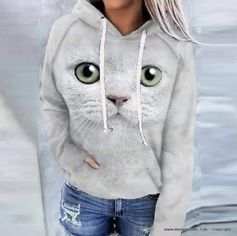 Katzen Print Damen Hoodie Sweater in Silber