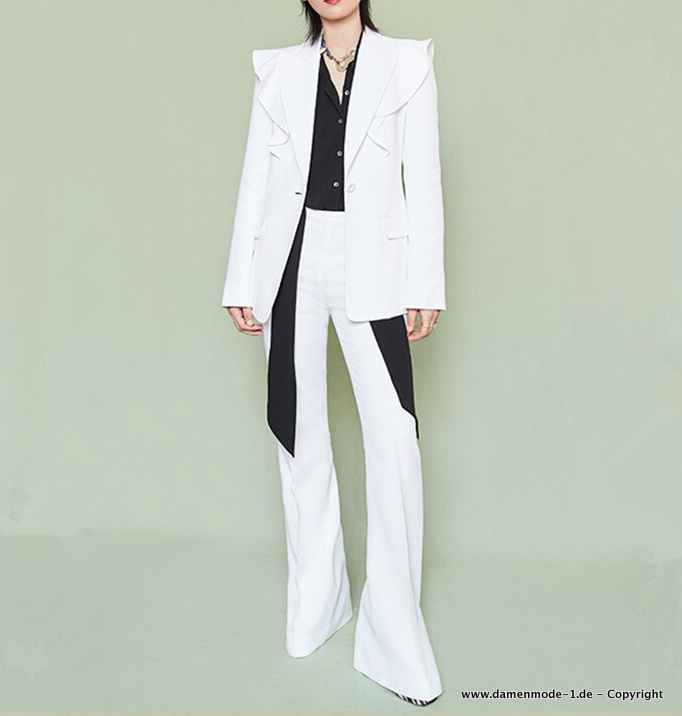 Damen Hosenanzug Elegant in Weiß mit Rüschen Kragen
