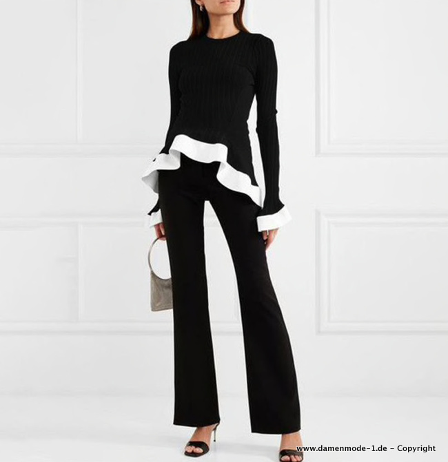Damenoutfit Zweiteiler Elegant in Schwarz Weiß Hosen mit Langarm Shirt im Set