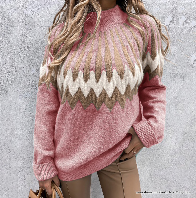 Damen Strick Pullover mit Stehkragen in Rosa
