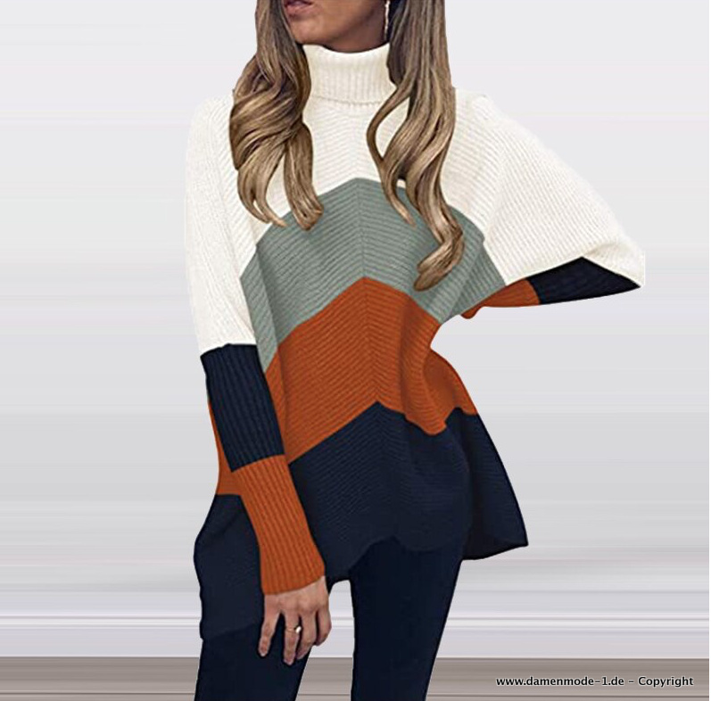 Damen Rollkragen Pullover Gestreift Bunt