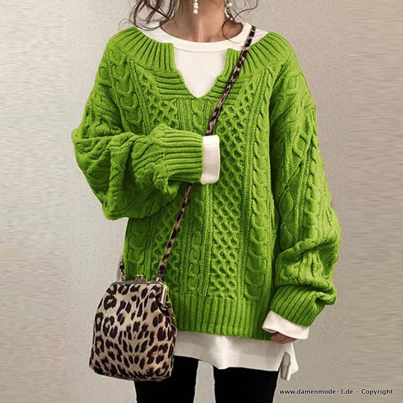 Damen Twist Strick Pullover mit V Ausschnitt in Grün