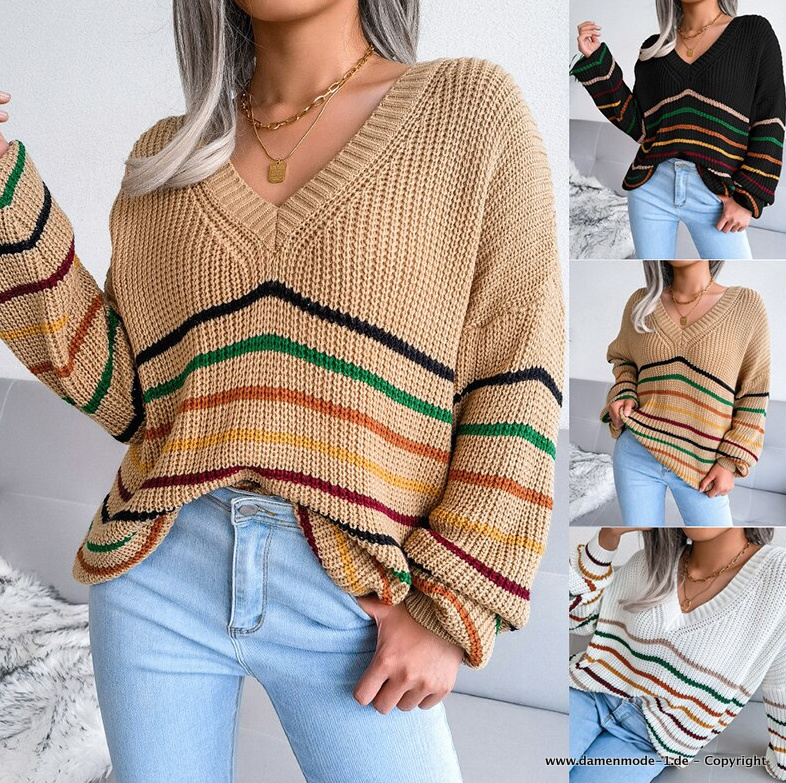 Damen V Ausschnitt Strick Pullover in Schwarz Beige Weiß