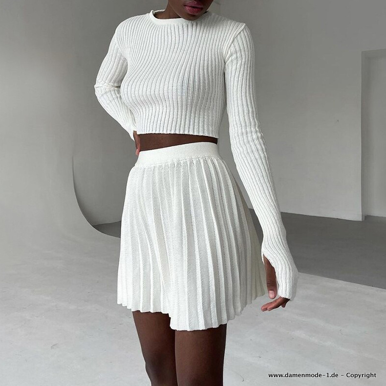 Damenoutfit Leger Minirock mit Pullover im Set Gestrickt Weiß