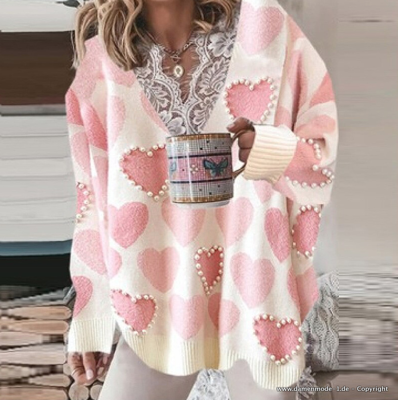 Oversize Damen Pullover mit Perlen und Herzchen in Rosa