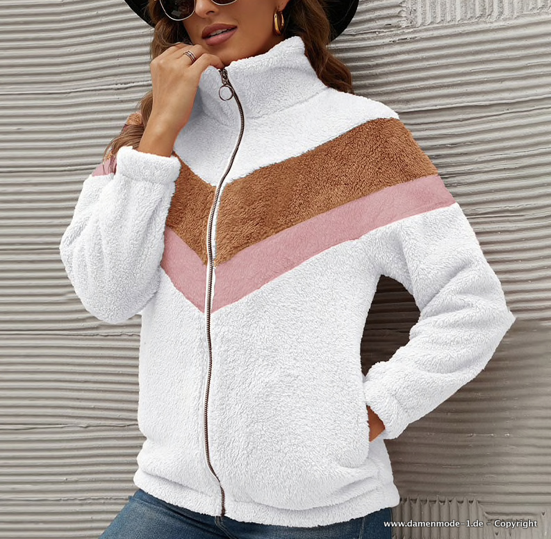 Plüsch Zipper Sweater Pullover Weiß