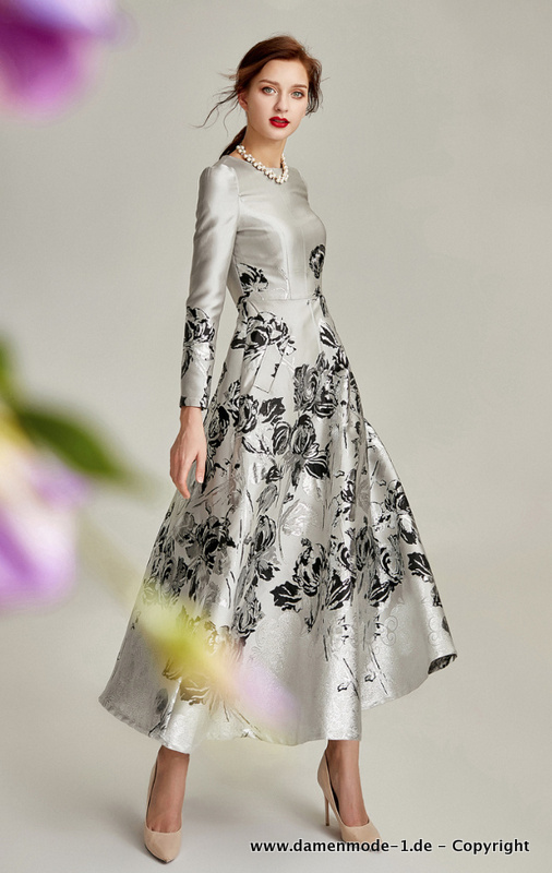  A Linie Satin Kleid Elegant in Silber mit Blumen Muster Lang