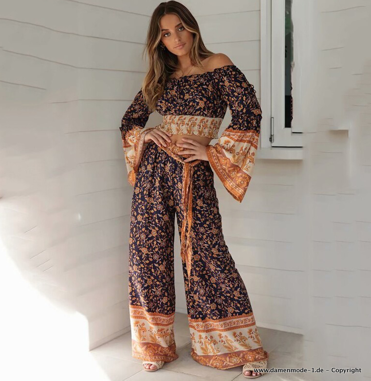 Boho Style Damenoutfit Sommer Set Hose mit Crop Bluse