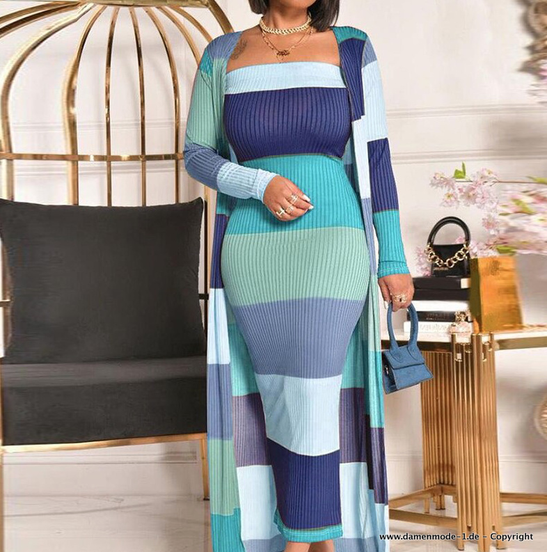 Streetwear Damenoutfit Zweiteiler Kleid mit Strickjacke im Set Blau