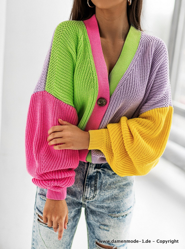 Vintage Color Block Cardigan Strickjacke Bunt
