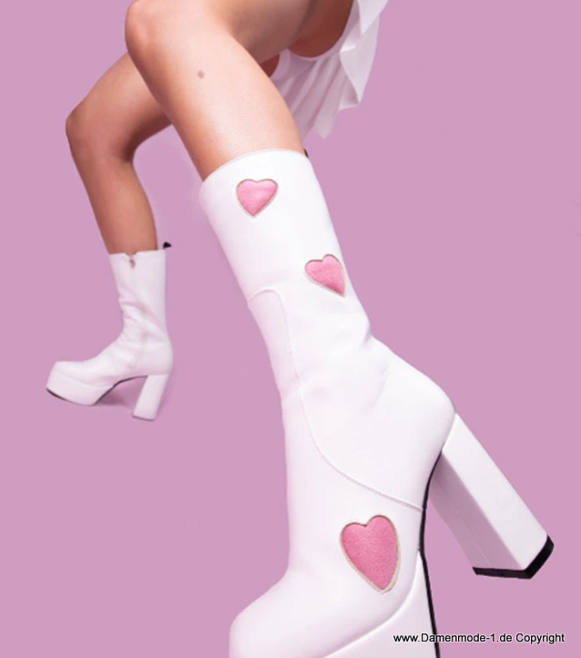Neuheiten 2025 Herbst Winter Plateau Damen Stiefel in Weiß mit Rosa Herzen Damenmode
