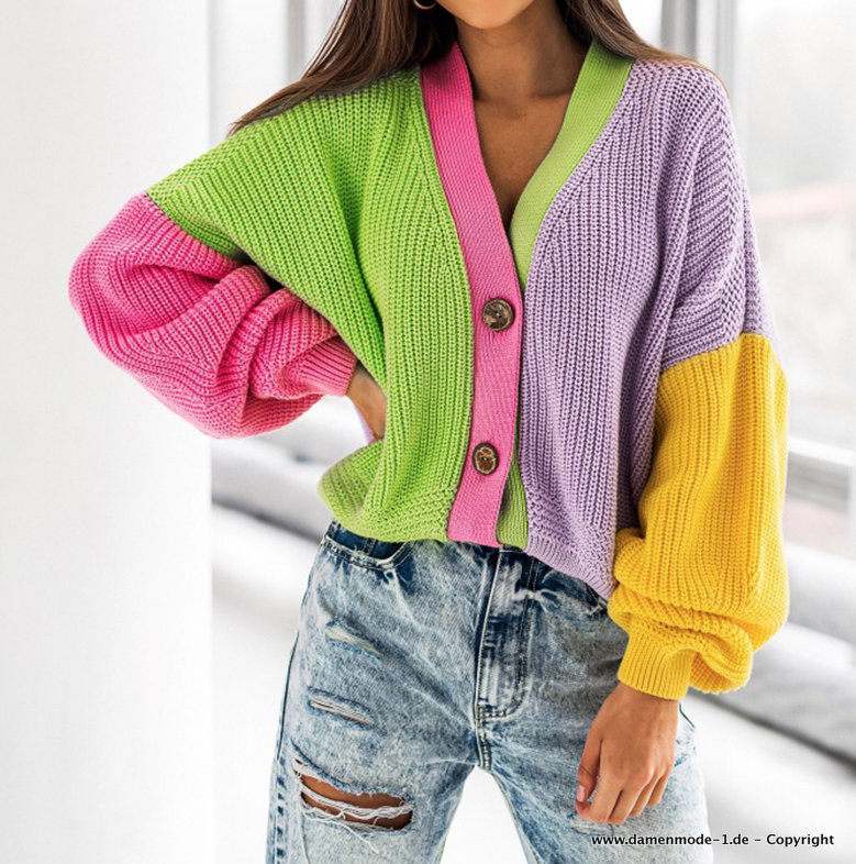 Vintage Color Block Cardigan Strickjacke Bunt