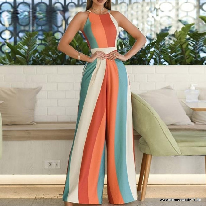Colorblock Jumpsuit Einteiler in Vintage Style Gestreift Lang