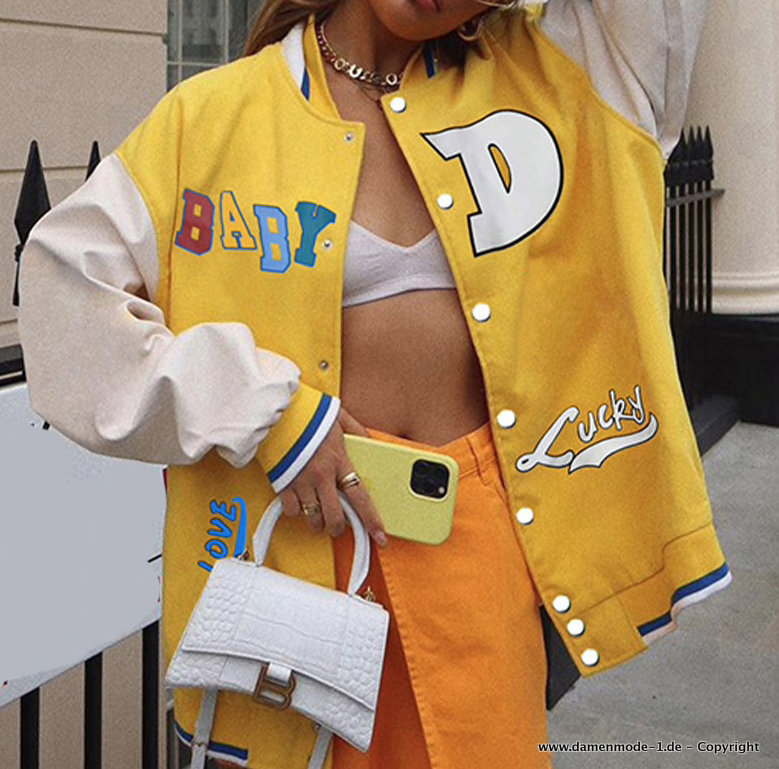 Neuheiten 2025 Damen College Jacke Modern in Gelb Damenmode